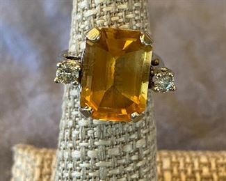 89. $450 - 14kt white gold with 2 diamonds and citrine c.1940's