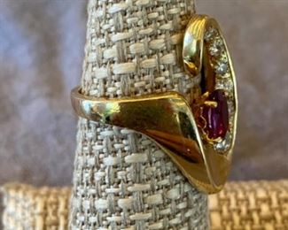 91. 14kt gold ring with pink sapphires and diamonds SZ $595