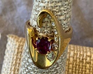 91. 14kt gold ring with pink sapphires and diamonds SZ $595