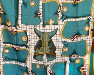 107 - Hermes scarf Camails designed by Francoise de la Perriere - green & brown, 2 areas of spotting							$150
