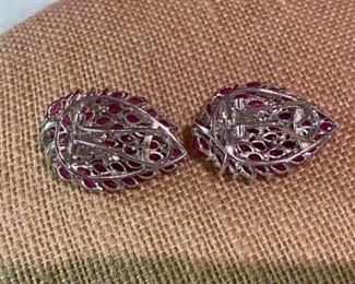 117- $675 - 14kt white gold earrings with rubies. 0.480 oz or 13.60 grams . French backs 