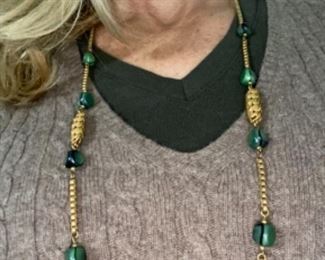 #137 Miriam Haskell unsigned chain with Green glass beads like malachite $80