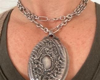 #139 - 18th century French silver locket - very large on newer chain but sterling made in Italy 🇮🇹 $395