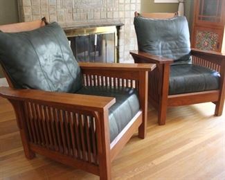 #1. $300.00. Pair Mission style oak chairs leather cushions 37.5”h X 33”w X 22.5”d