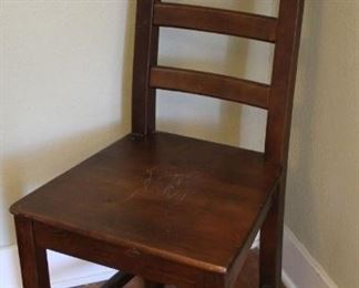 #30. $30.00. Ladder back Side chair dark stained pine 41”h X 17”w X 18”d