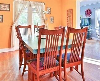 #20. $600.00. Mission oak style table with 6 chairs including 2 captian/ painted top Table 30”h X 82” with leaf in 64”without leaf in X 42” / chairs 42.5”h X 24”w
Additional views of the chairs and the base a few pictures away.