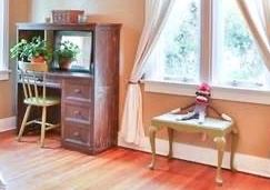 #41. $75.00. Painted PJ Kids computer desk 49”h X 42”w X 17.5”d
#42. $40.00. Green painted side chair 33”h X 15.5”w X 19”d
#43. $60.00. Painted bench 17”h X 23”w X 16”d