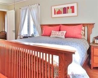 #32. $250.00. Mission style queen bed frame Headboard 48”h X 72.5”w Footboard 35”h