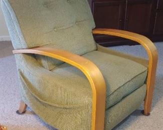 Beautiful designer Alan White mid-century modern style new contemporary recliner with wooden arms very plush & comfortable