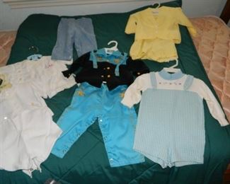 Vintage children's clothing - on left is baby doctor shirt $10; below on left is 2 piece shorts $20;   Western set in center $25; checked long sleeve item $8; 2 piece yellow Easter set $15