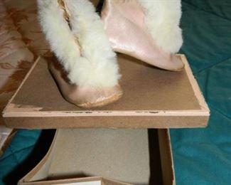 Sweet leather and pink satin with rabbit fur trimmed baby shoes - $18