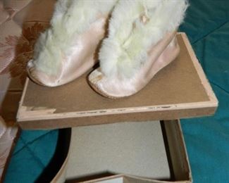 Sweet leather and pink satin with rabbit fur trimmed baby shoes - $18
