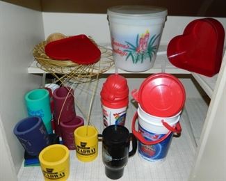 Full lot = Can holders, handled cup, plastic Ware, heart shaped items, plastic Seasons Greetings container &  straw items.   All items priced at $1-$2
