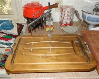 Mid Century Wood Meat Carving Board with spikes and holding arm - $35