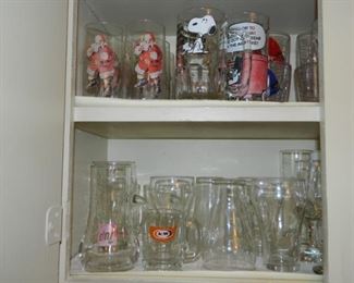 Various drinking glasses - set of Coca-Cola Santa glasses $24                                                                                                                   Other glasses priced individually