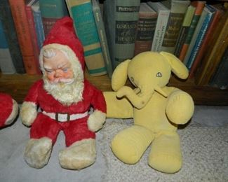 Vintage Santa $30, Old stuffed elephant $8