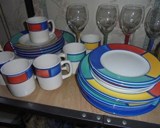 Dishes - 6 plates/3 salad plates/ 6 mugs/5 soup bowls/lg salad bowl/6 matching wine glasses (not plastic)