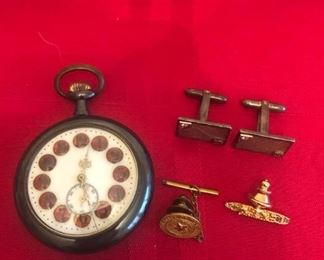 Antique Brevet Gunmetal Automaton Pocket Watch, 25 Cuff Links, Pin