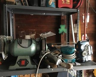 Estate garage tools discovery lot includes power and hand tools, vintage child's tool box, drills, lights, hand cuffs, desk and contents, etc.