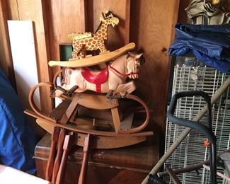 Estate rocking horse, rocking giraffe, toy chest with contents including Pyrex bowls, table, carved wooden frame, fish/repite tanks, chairs, etc. all being sold as found at the estate.