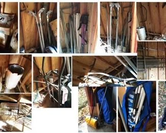 Estate items including vintage scythes, tiles, cart, shovels, rakes, tent, Remington 18" hand mower, etc.
