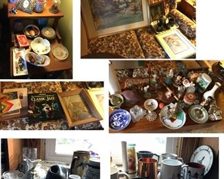 Estate collectibles discovery lot includes framed artwork, mugs, porcelain, silverplate, figurines, crystal, collectibles, etc.