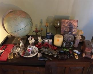 Vintage Matchbox cars, Mickey Mouse watch, globe, figurines, collectibles, etc.