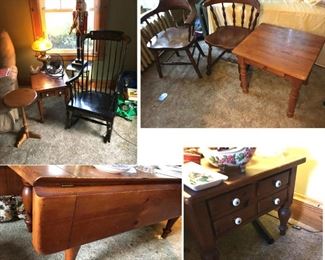 Estate furniture including Hitchcock style rocking chair, end tables, drop leaf coffee table, 4 chairs, etc. 