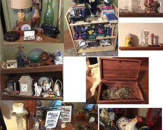 Estate collectibles lot including fisherman lamp, figurines, Coca-Cola bank, jewelry, bangle bracelets, books, weights, bookcase, box with coins, cyrstal candle sticks, figurines and collectibles, etc. All being sold as found at the estate. Bristol, CT local buyers take note!  Pick up at the estate will be schedule after the auction date.  Great buying opportunity for local CT buyers! (f/b)