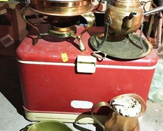 Estate copper lot including chafing dish, samovar, pitcher, etc. in vintage Thermos cooler. Bristol, CT local buyers take note!  Pick up at the estate will be schedule after the auction date.  Great buying opportunity for local CT buyers!