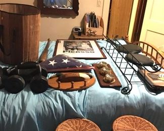 Estate lot includes, Picasso print, military flag, stools, weights, duck coat rack, baseball bat, books, side table, mirror, vintage vinyl record album, cd rack, brass rocking horse, etc. Bristol, CT local buyers take note!  Pick up at the estate will be schedule after the auction date.  Great buying opportunity for local CT buyers! (f/b)