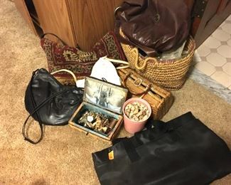 Estate Ladies handbags including leather, carpet, woven, small sea shell collection, and sewing box with buttons. Bristol, CT local buyers take note!  Pick up at the estate will be schedule after the auction date.  Great buying opportunity for local CT buyers! (f/b)