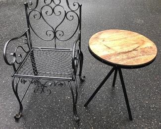 Garden Chair With Matching Bristow Table.  The Table has three legs and a wood top. Standing at approx. 27 inches tall.
