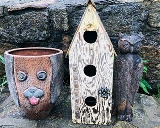 Garden Planter Carved Wooden Owl and Bird House.  