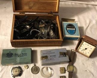 Watch and Clock Pieces.  This includes 2 boxes from Hamilton Watches and Illinois Watches. Also, includes many watch bands and watch faces.