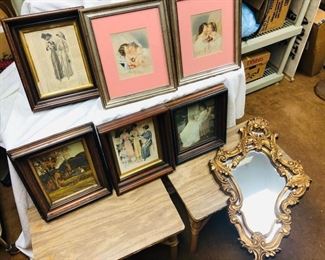 Vintage Lithographs with an Accent Mirror.  This includes 6 lithographs including Godey's Girls, and a beautiful accent mirror with gold gilt.