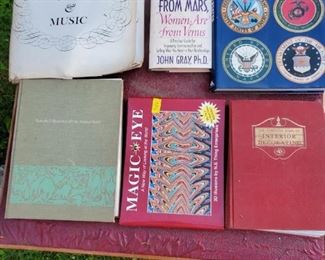 Estate book lot incldues Man & Music, Marvels and Mysteries of Our Animal World, Magic Eye, vintage Interior Decorating and United States Armed Forces Today, etc.