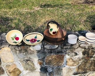 Vintage country collectibles lot includes Watt Bowls and pitcher, wooden cheese holder, and 3 small butter crocks.