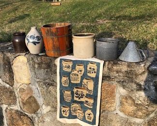 Country crocks, wooden bucket, enamelware, and cloth with stoneware depicted, etc.