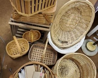 A variety of Woven Baskets.  Many beautifully woven baskets, including picnic baskets, handled baskets, and double handled baskets.