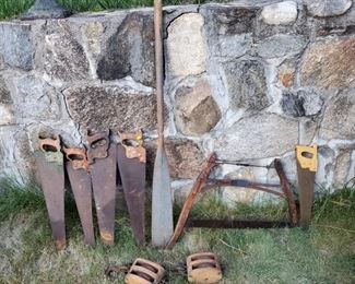 Vintage Tools.  Estate vintage tools including hand saws, double hand saw, pullies, oar, etc.