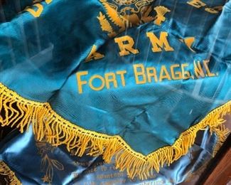 Military US Navy and Boy Scout Collection from Fort Bragg North Carolina includes silk wall hangings, badges, vintage post cards including 1939 World's Fair, napkins, etc.