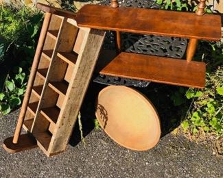 Country lot includes wooden berry picker, wooden bowl, antique wooden shelf.