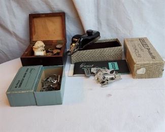Estate collectibles including sewing items, button holer, zippers, thread, bobbins, etc.
