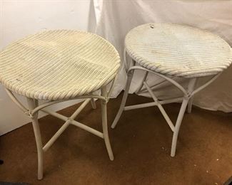 Garden White Wicker Tables.  2 round garden white wicker tables measure approx. 24 inches around and approximately 30 inches tall.