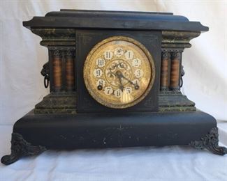 E. Ingraham Company, Bristol, CT marble manel clock with ornate dial, columns, brass feet and handles with lions heads, nice label.