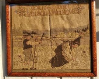 Vintage European Hand Woven Tapestry.  This hand woven framed tapestry shows a man and a woman working on a field, possibly Russian.