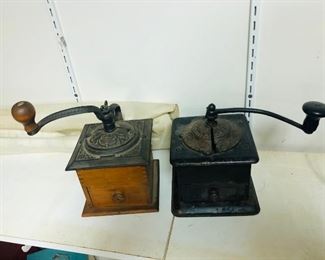 2 vintage square manual traditional coffee grinders.