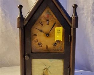 Vintage steeple clock, original hand painted dial, windmill on lower glass.