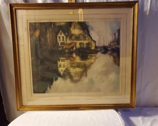 Vintage estate watercolor painting, framed, under glass, signed. Country cottage on lake.